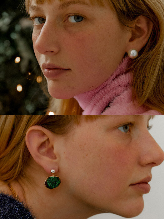 [단독] double pearl clutch earring / glitter earring - green (택 1)