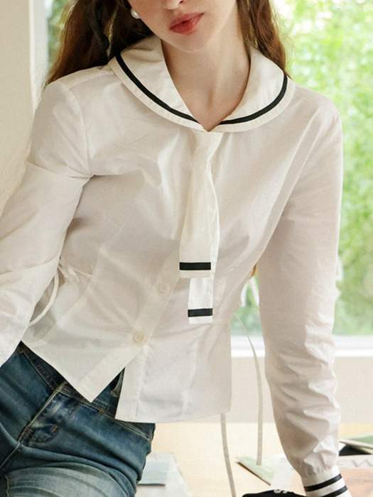 Cest_Side ribbon navy line blouse