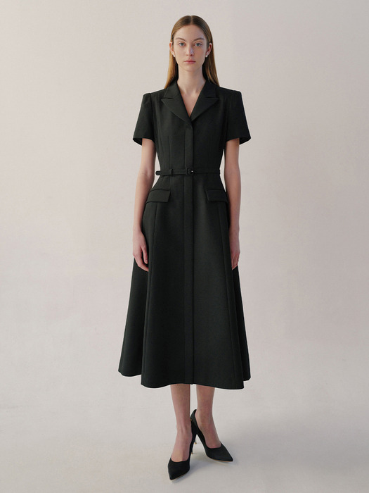 AGATHA Notched collar short sleeve A-line dress (Black/Butter)