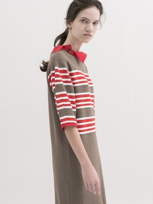Stripe Dress with Asymmetric Collar -KHAKI