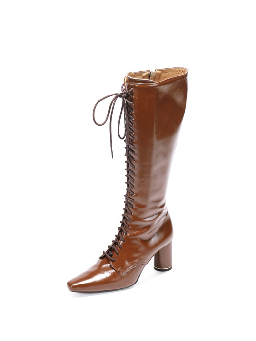 Glossy Lace-Up Long Boots_Toffee