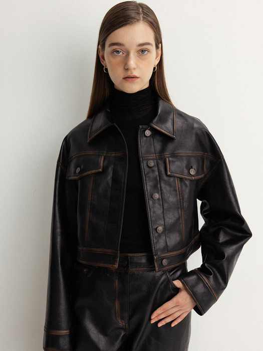 pigment crack faux leather jacket (black)