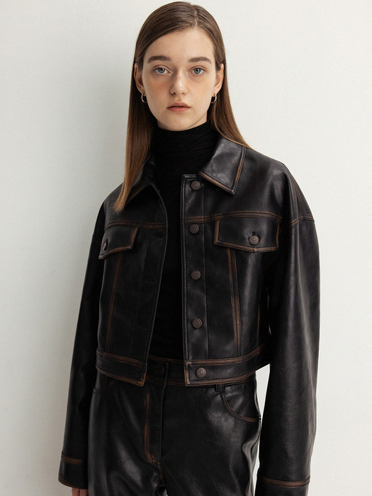 pigment crack faux leather jacket (black)