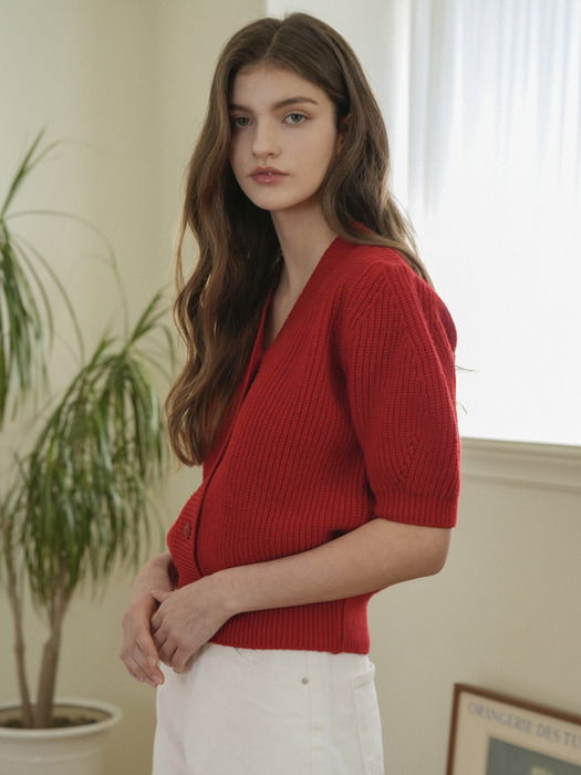 V-neck Shirring Half Knit Cardigan (Red)
