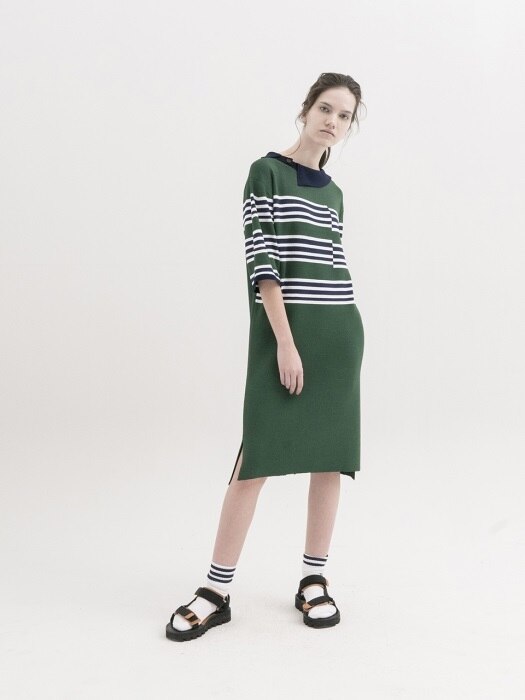 Stripe Dress with Asymmetric Collar -GREEN