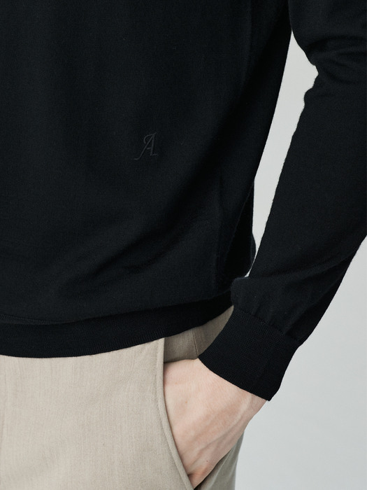 [Wool 100%] A Logo round  pullover_BLACK