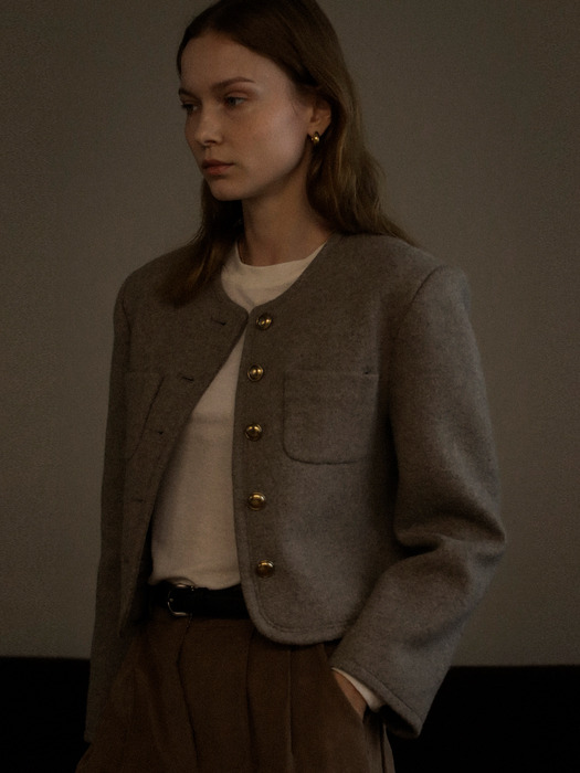 Wool melange collarless classic jacket_Brown