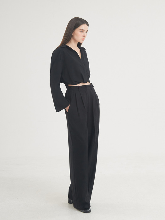 Two-Tuck Button Wide Wool Pants (Black)