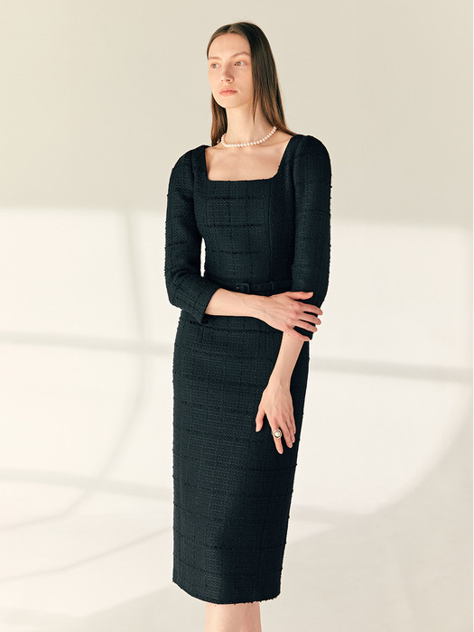 COURTNEY Square neck H-line tweed long dress (Ivory/Black)