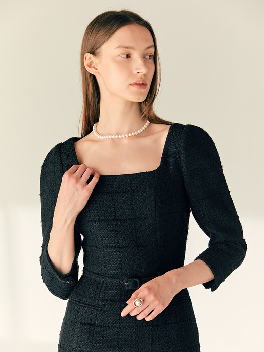 COURTNEY Square neck H-line tweed long dress (Ivory/Black)