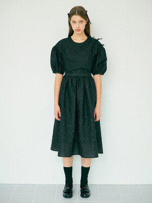 [EJnolee White Flame][주문제작] Floral Rounded Black Midi Dress