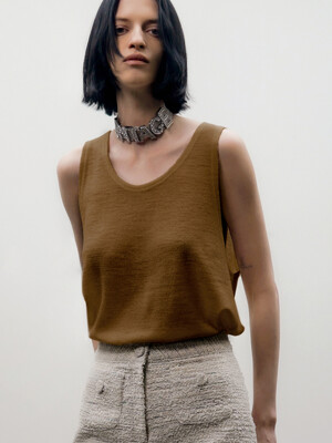 Scoop-Neck Wool-Blend Sleeveless T-shirt[Brown(UNISEX)]_UTT-ST62