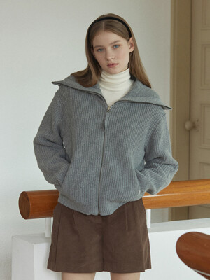Wool Blend Knit Zip UP - Melange Grey