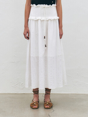 Smocked Cotton Long Skirt, Ivory