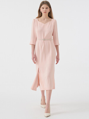 VALENTINA Heart neck Unbalanced Slit Belted Dress_Pink