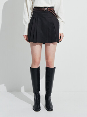 Belt Set Pleats Mini Skirt [Black]