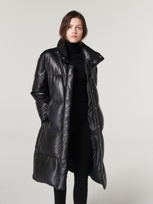 LEATHER DOWN-FILLED LONG JACKET. BLACK