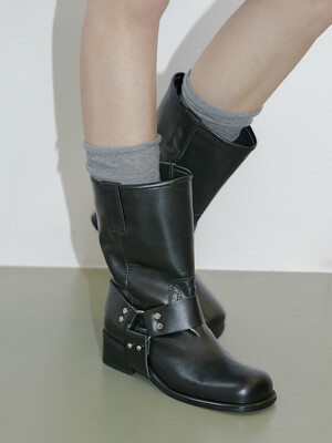 COW LEATHER MID BIKER BOOTS (2-WAY) / BLACK