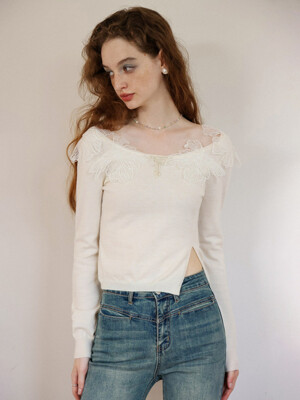 Cest_Side slit embroidery knit top_WHITE