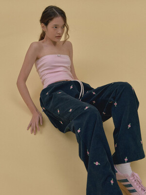Rose Embroided Corduroy Banding Pants (navy)