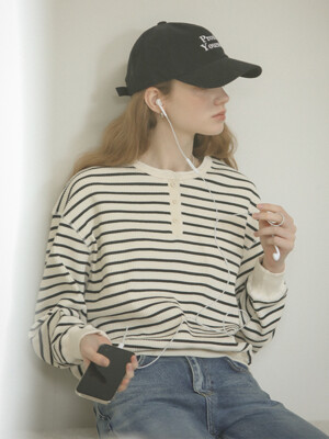 Henry neck stripe ribbed t-shirt_Ivory