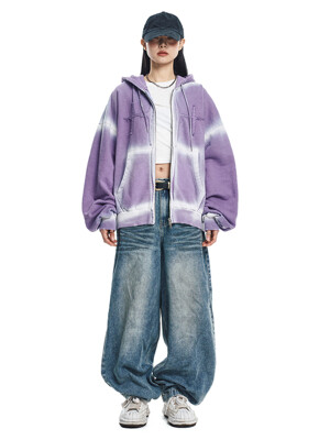 Washed Patch Overfit Hooded Zip-Up - Purple