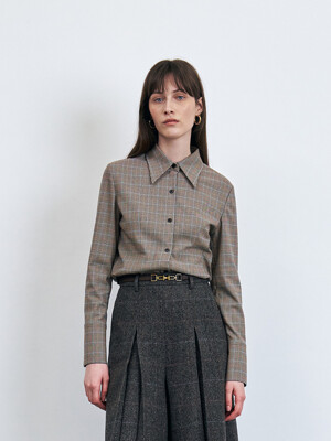 Checkered Fitted Blouse, Brown check