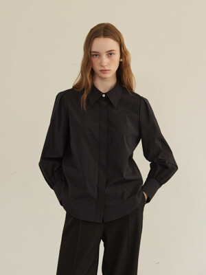 JADE Jewel Button Point Puff Sleeve Shirt (Black)