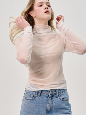 Sleeve Shirring See Through Turtlenect Top_White