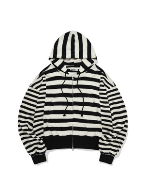 Striped knit hooded zip up / Ivory black