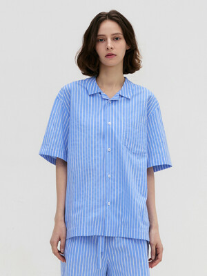 Stay Stripe Pajamas Short Sleeve Shirts - Light Blue