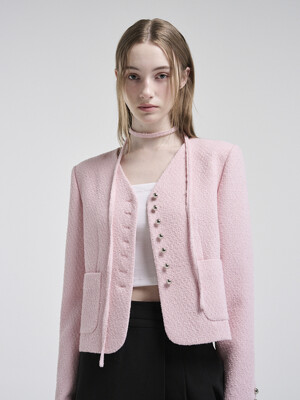 V-Neck Strap Tweed Jacket, Pink