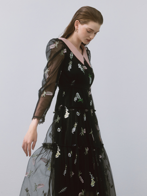 Catherine / Flower embroidery Shirring Tiered Dress