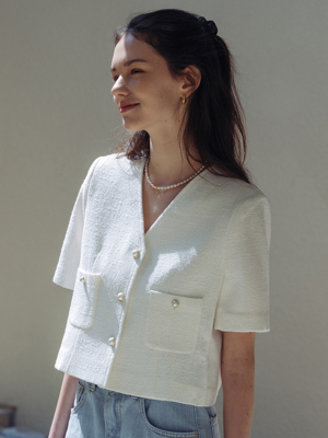 Collarless pearl button summer tweed jacket(White)