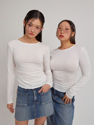 [단독]Basic Shirring Long Sleeve T_ White