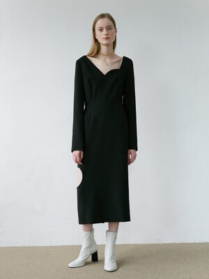 Unbalance Long Sleeve Dress(Black)
