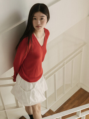 v-neck linen whole garment knitwear_red