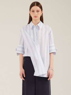 Overlap Stripe Shirt Blouse_Blue