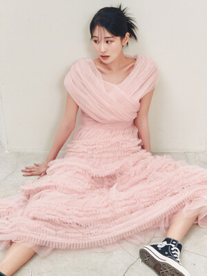 Lylo / Mesh Tuck Pleat Long Dress(2color)