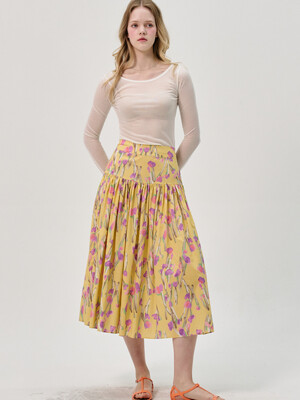 Painting Flower Cotton Mermaid Skirt_Yellow