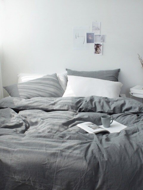 Milky gray washing linen bedding set (SS/Q)