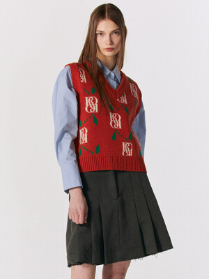 Jacquard V Neck Knit Vest [RED ORANGE]