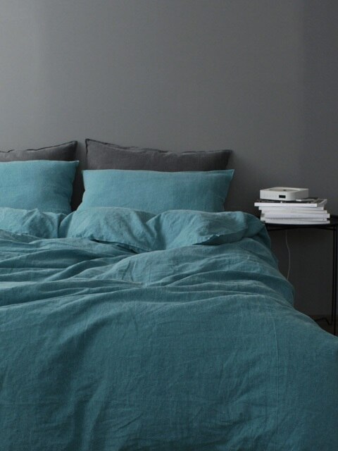Milky blue green washing linen bedding set (SS/Q)