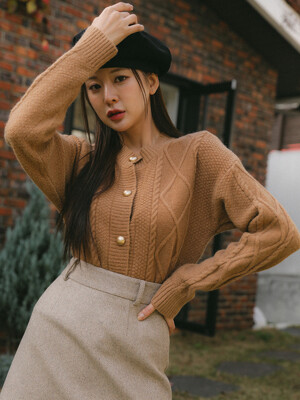 Twist Cable Round Neck Cardigan BROWN
