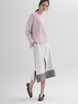 Contrast Stitch Knit Slit Skirt - WHITE