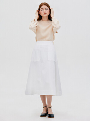 L Gold Button Flare Skirt_White