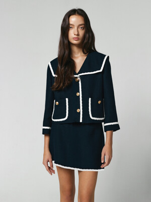 SAILOR COLLAR GOLD BUTTON TWEED JACKET - NAVY