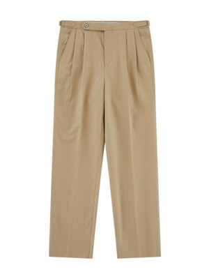 Linen / Cotton Twill adjust 2Pleats relaxed Trousers (Beige)