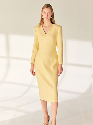 MARIN V-neck H-line tweed wool long dress (Butter)