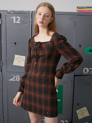 (OP-21512) CHECK SHIRRING ONE-PIECE BROWN